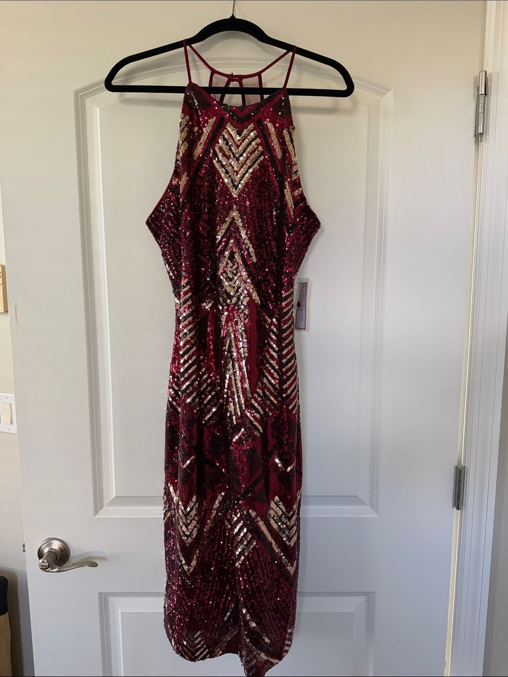 Bisou Bisou Burgundy Sequin Midi Dress with Gold Accents